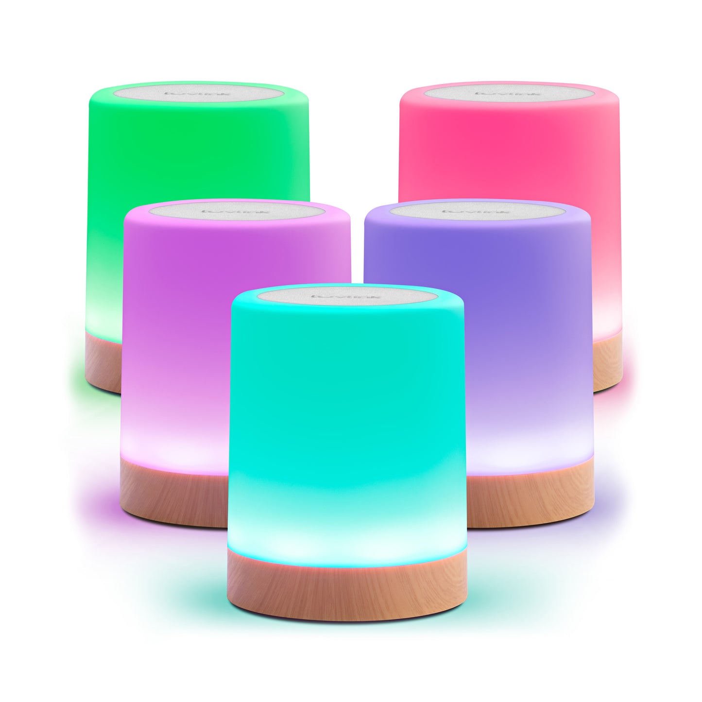Five colorful LuvLink Friendship Lamps with glowing LED bases in green, pink, purple, cyan and gradient colors on wooden bases.