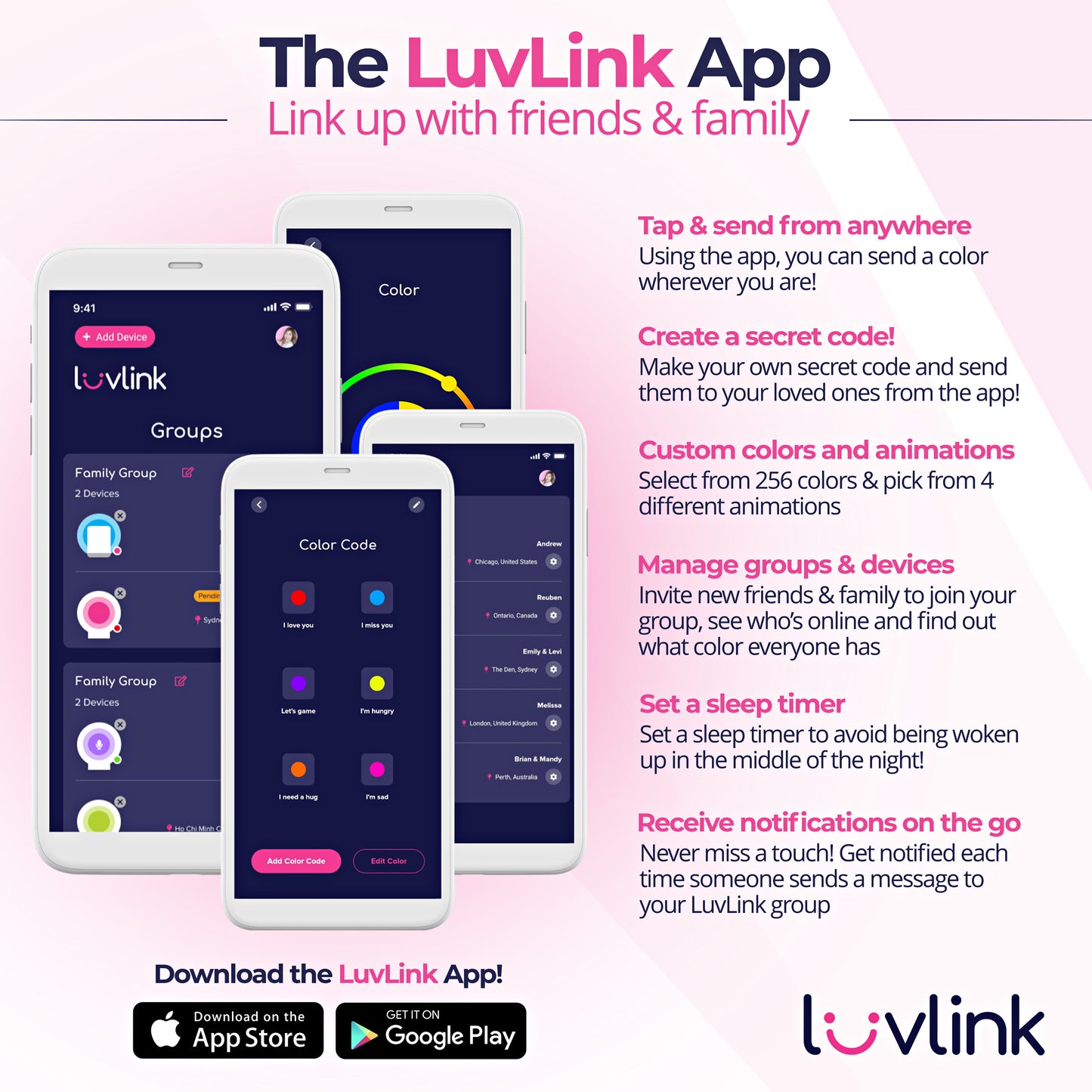 Screenshots of the LuvLink app showing group messaging, color selection, and device management features for connecting with friends and family.