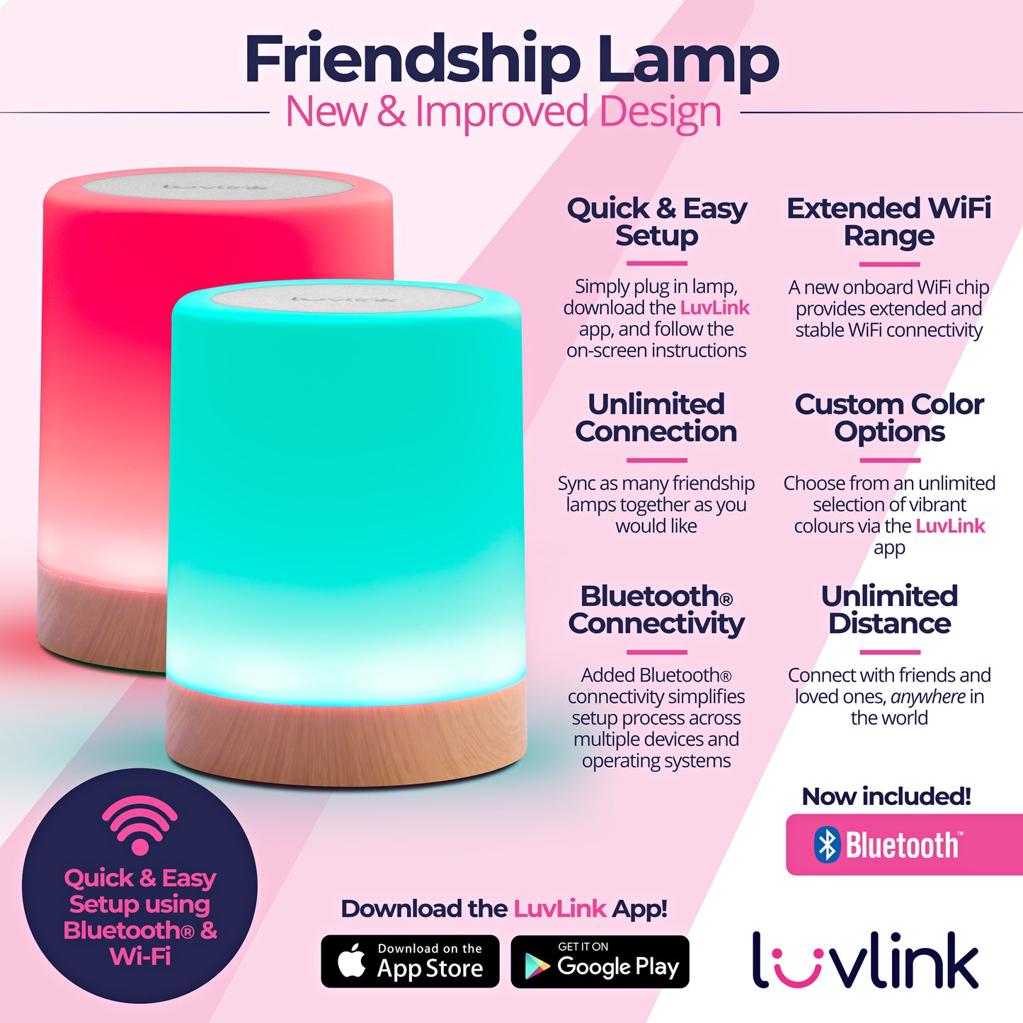 Two glowing cylindrical lamps in pink and turquoise with wooden bases, showcasing the LuvLink Friendship Lamp's new design and key features.