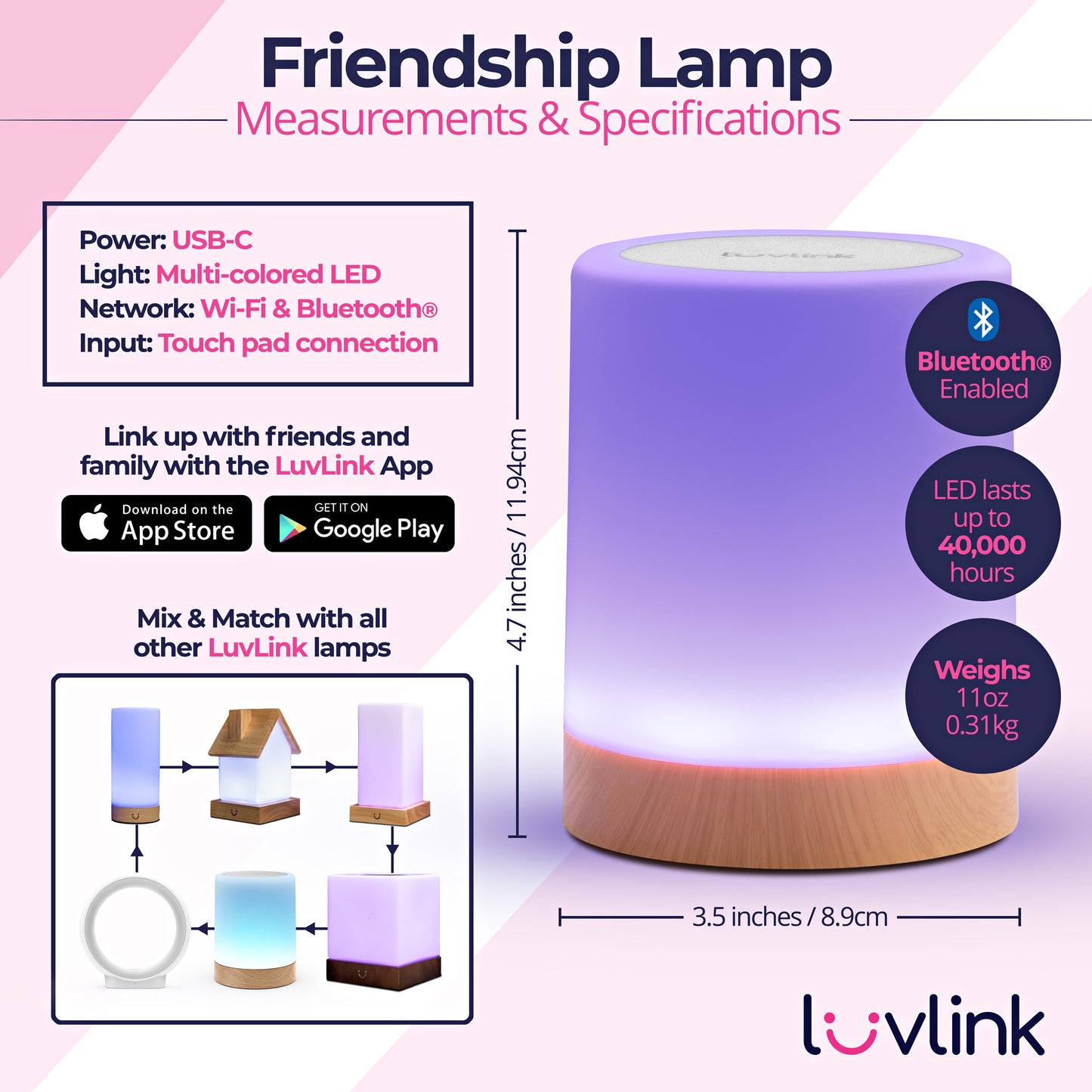 Specifications and measurements for the LuvLink Friendship Lamp showing dimensions, weight, battery life, and compatibility features.