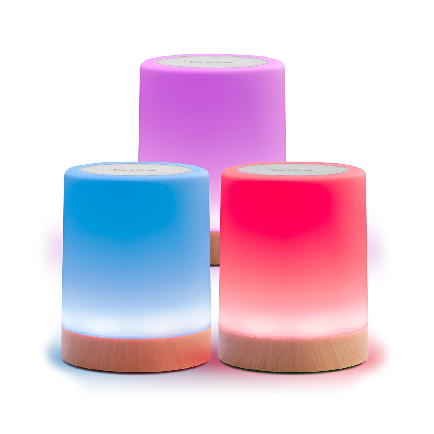 Three illuminated touch lamps in blue, pink, and purple glow against a white background, demonstrating the LuvLink Friendship Lamp connection feature.