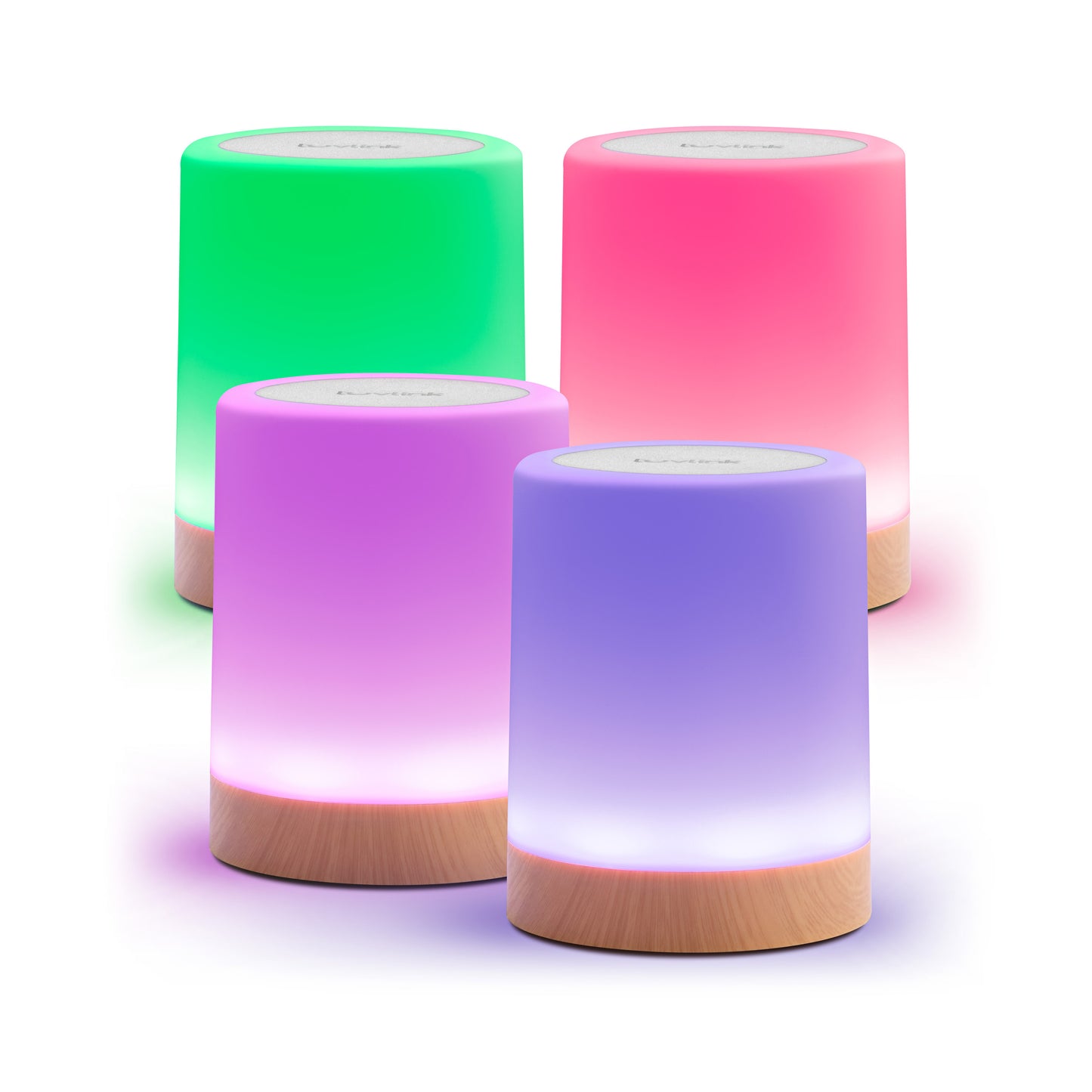 Four glowing cylindrical lamps with wooden bases in green, pink, purple, and blue colors demonstrating the LuvLink Friendship Lamp pair.
