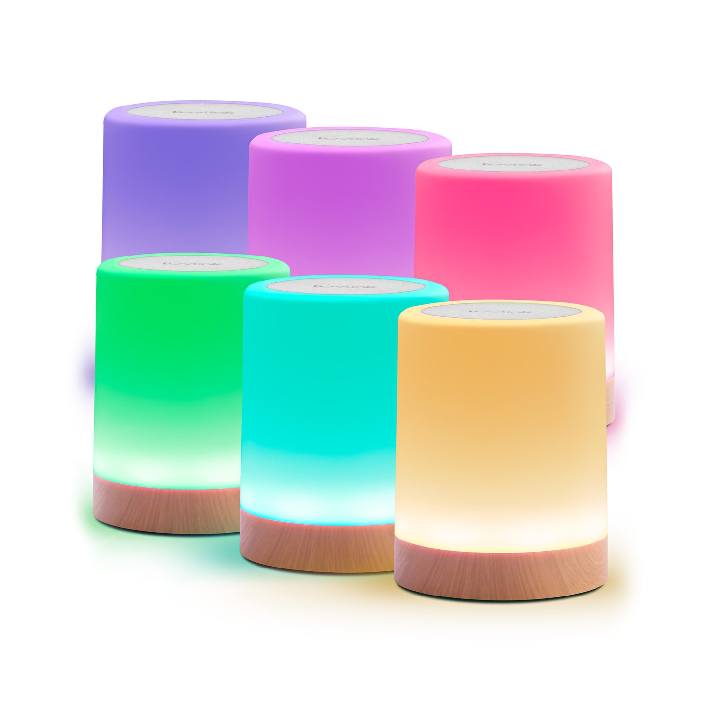 Six colorful touch lamps with wooden bases glowing in purple, pink, red, green, cyan, and yellow hues.