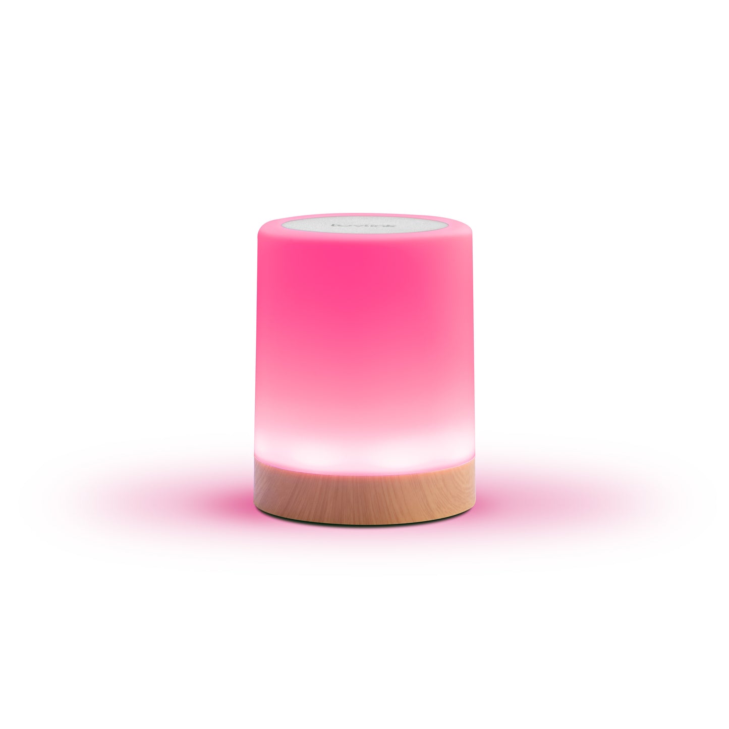 LuvLink Friendship Lamp glowing pink with wooden base on white background
